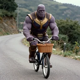 film still of armored thanos as brand riding a very small bicycle with a basket down a steep mountain road in the goonies 1 9 8 5