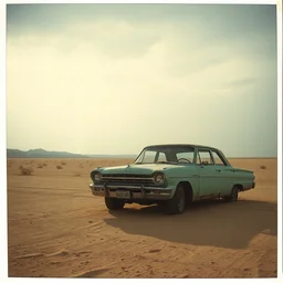 abandoned car in the middle of the desert, lightning, polaroid photo