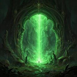 a scary portal glowing green portal to another world in darwin's arch in the galapagos islands, elden ring landscape, d & d, fantasy, intricate, elegant, highly detailed, digital painting, artstation, concept art, matte, sharp focus, illustration, art by greg rutkowski and rembrandt