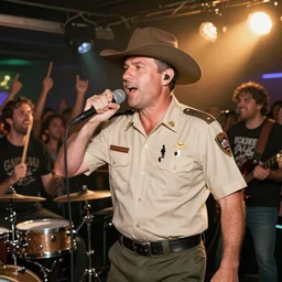 flash photography of sheriff woody at a moshpit in local rock band