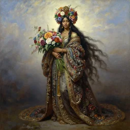 portrait oil painting, a beautiful young dark woman, floral headdress, flowers, full body model pose, holding a bouquet of flowers, long flowing hair, ornate robe, ultra realistic, wide angle, intricate details, artifacts, luminous skies, highly detailed, michael cheval, peter mohrbacher, boris vallejo, jessica rossier, oil painting, highly detailed, cinematic lighting