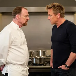 walter white in a stareoff with gordon ramsay, high quality image