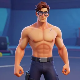 a white body builder wearing glasses in fortnite, screenshot from fortnite, brown hair