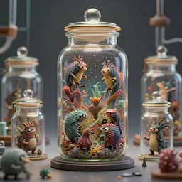 collection of tiny creatures in jars in a lab : : by michal karcz, daniel merriam, victo ngai and guillermo del toro : : ornate, dynamic, particulate, intricate, elegant, highly detailed, centered, artstation, smooth, sharp focus, octane render, 3 d