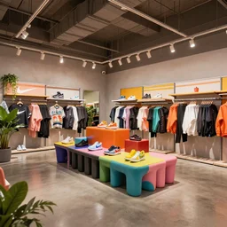 gothic!! venta nike boutique flagship retail. pop art. colorful happy furniture!!! with colorful shoes and varied clothes. low ceilings with rails and spots. plants. muted colors. architectural photography, 8 k, realistic lighting, reflections, bloom, hyperdetailed environment, pbr materials.