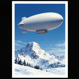 a blimp in the sky above a snowy mountain, poster art by guillermo del toro, artstation, panfuturism, reimagined by industrial light and magic, official art, poster art - 9