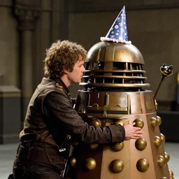 an ood hugging a dalek wearing a birthday hat, frame from doctor who ( 2 0 0 5 )