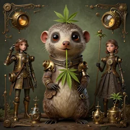 happy hippy mongoose obsessed with cannabis. a matte symmetrical steampunk portrait. by hieronymus bosch, cyril rolando and rebecca guay and natalie shau, whimsical, intricate. trending on devaintart