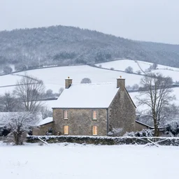 a lone french stone house in winter snow, farmland, hills, 1 8 5 9, soft lighting from windows, by thomas kinkade