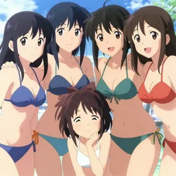 close - up princesses posing together in bikini. by takashi takeuchi, yoshiyuki sadamoto, amagaitaro, makoto shinkai, krenz cushart, pixiv