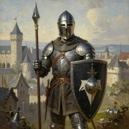High quality painting of a Medieval Footman in Kettle Helmet Guarding Medieval Town with Black and White Heater Sheild by Greg Rutkowski and Thomas Kinkade trending on artstation