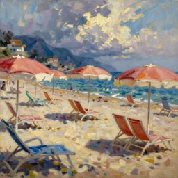 an italian beach full of umbrellas and sun chairs, oil painting