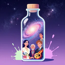 milkyway in a bottle, pixiv fanbox, dramatic lighting, maximalist pastel color palette, splatter paint, pixar and disney concept, graphic novel by fiona and dustin nguyen, peter elson, alan bean, wangechi mutu, clean cel shaded vector art, on artstation