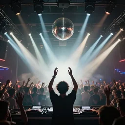 dj on stage with raised hands, looking over crowd partying with their hands up at a club, volumetric lighting, haze, moving heads light beams, spot lights, disco ball, silhouette, digital art, trending on artstation, 4k, unreal engine, intricate, ornate