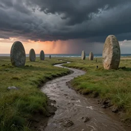 muddy river leads to sea by hiroshi yoshida, marc simonetti, roger deakins, turner, rothko, hyperrealism, cinematic, grassland, dramatic storm sunset, gigantic stone oval structures, matte painting, fluid simulation, tonalism, volumetric light, trending on artstation, cgsociety, high detail concept art, top view, rendered in octane