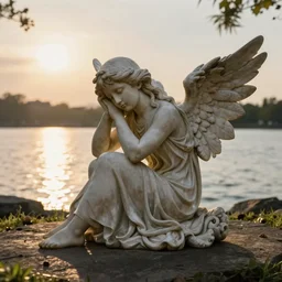 a sad fallen angel statue next to a lake with the sun shining on it