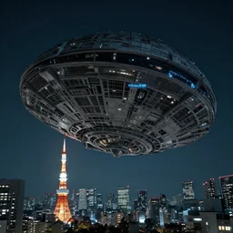 a huge alien spaceship floating over tokio at night, low angle shot, highly detailed, very intricate, volumetric lighting, concept art, by asher brown durand and eddie mendoza, featured on artstation, 8 k
