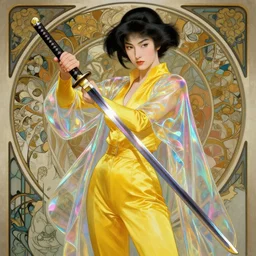 uma thurman in kill bill, rococo and art nouveau fusion, iridescent diaphanous refractive and reflective katana, yelliw jumpsuit, highly detailed, deep focus, elegant, digital painting, smooth, sharp focus, illustration, ultra realistic, japanese art by artgerm and alphonse mucha