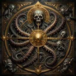 zombie, lovecraftian, tentacles, highly detailed and intricate, golden ratio, muted colors, hyper maximalist, ornate, luxury, elite, horror, creepy, ominous, haunting, matte painting, cinematic, cgsociety, james jean, brian froud, ross tran, dark muted colors, top light, cinematic, art deco border,