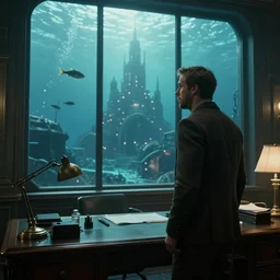 a highly detailed cinematic photo from a live - action bioshock movie. andrew ryan, portrayed by ryan gosling, is shown standing in a 1 9 3 0's office with a large desk in front of a floor - to - ceiling window looking out onto the underwater city of rapture shining in the distance, several fish are shown outside of the window