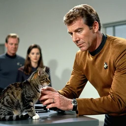 captain kirk,played by william shatner, stroking a cat, while plotting the eradication of his enemies. photo.  hyper-real