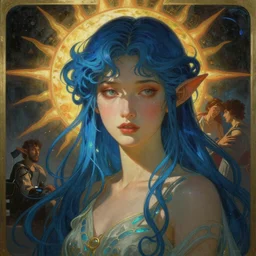 stunning, breathtaking, awe-inspiring award-winning concept art nouveau painting of attractive Asian nymph with blue hair and elf ears, as the goddess of the sun, with anxious, piercing eyes, by Alphonse Mucha, Michael Whelan, William Adolphe Bouguereau, John Williams Waterhouse, and Donato Giancola, cyberpunk, extremely moody lighting, glowing light and shadow, atmospheric, cinematic, 8K