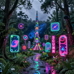 urbex by georgia o'keeffe, scumm bar apocalyptic synthwave poppy vaporwave cosmic at dusk rainy lightpaint gem neon signs nature at summer forest assassin's creed saturn nightvision, archdaily, wallpaper, highly detailed, trending on artstation.