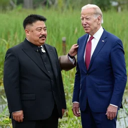 stalin with kim jong - un haircut beheads joe biden in the swamp realisitc photo