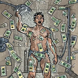 a caricature of Markiplier inside a shower full of money which covers his body.