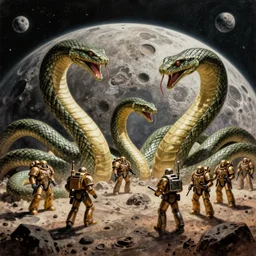 space marines vs giant snakes, crater moon, vintage sci - fi art, by bruce pennington