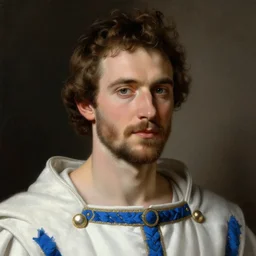 head - on portrait, colin farrell as a king in white robes with blue details, digital painting, detailed, highly detailed, smooth, sharp focus, by caravaggio