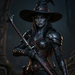 a female drow elf, dark grey skin, serious face, with hand crossbow, wearing a witch hat, hunter, slick leather armor, style by donato giancola, wayne reynolds, jeff easley dramatic light, high detail, cinematic lighting, artstation, dungeons and dragons