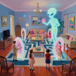 painting of a gucci costumed family being shown how to open magic portals by a large glowing alien in their suburban living room maze, designed by gucci and wes anderson, energetic glowing orbs in the air, cinematic look, in the style of edward hopper, james jean, petra collins and mc. escher