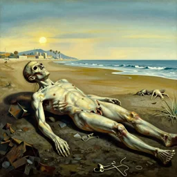 corpse on the seashore. salvador dali style