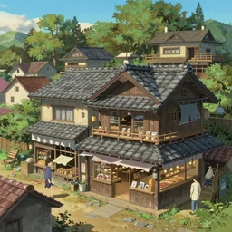 concept art painting of a bakery with european and japanese architecture, in a village surrounded by trees, realistic, detailed, cel shaded, in the style of makoto shinkai and greg rutkowski and james gurney