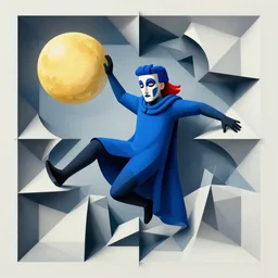 mc escher tessellation person falling with abstract face makeup long blue cloak black gloves blue red light mullet sun moon symmetrical facial features portrait hyper realistic 4 k rule of thirds extreme detail by gottfried helnwein raqib shaw josef albers