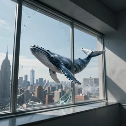 Whale flying through, shattered windows, city, new york, geometric, space