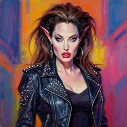 portrait of angelina jolie as an apocalyptic demonic female goblin witch curvy biker babe character, cool pose, psychedelic vibrant colors, futuristic punk rock fashion, oil painting by michael whelan art, sharp focus, realistic, detailed eyes, perfect face, 8 0 s hair, studded leather jacket, 8 k, artgerm
