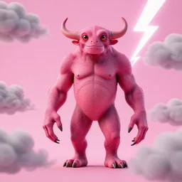 a 3 d render of a cyclops, pink summer sky with grey coulds + lighting bolt!!!, transcendent, vibrant color, clean linework, finely detailed, 4 k, trending on artstation, photorealistic, volumetric lighting, octane render