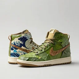 nike high top sneakers concept shot, made from leaves and sticks, style of hokusai and akira toriyama