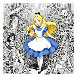 We're all mad here Alice, Alice in wonderland, twisted, insanity, pen and ink, intricate line drawings, by Yoshitaka Amano, Ruan Jia, Kentaro Miura, Artgerm, watercolor