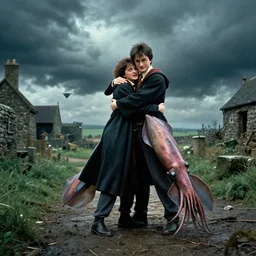 a squid hugging harry potter, prisoner of azkaban movie scene of a squid with harry, wide angle shot