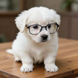 a white puppy wearing glasses on a wooden table, photo realistic, well detailed, trending on artstation, HDR