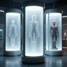 epic professional digital art of standing futuristic slim suspended animation chambers with frosted windows and outline of floating people inside, hamish frater, jim burns, wayne barlowe, hd, 4 k