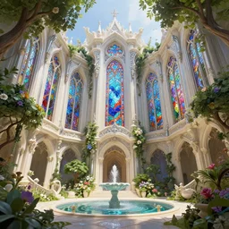 extreme low angle shot of an open courtyard in a beautiful elven city made of ivory and silver, stained glass windows, intricate, vivid colors, lush trees, flowers, ponds, fountain, subsurface scattering, volumetric lighting, concept art, fantasy digital painting by James Gurney, by Greg Rutkowski, trending on Artstation, highly detailed, unreal engine, 8k