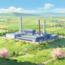 ! dream a big factory architecture designed by boeing military on a hill in a beautiful landscape of the french countryside during spring season, painting by toei animation backgrounds hd and city hunter anime backgrounds hd and a few vector illustration touch, nice lighting, soft and clear shadows, low contrast, perfect