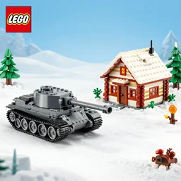 a lego set of a war tank attacking a winter cabin
