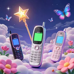 3 d render magica wand, nokia cellphones, nokia wand, against a psychedelic surreal background with 3 d butterflies and 3 d flowers n the style of 1 9 9 0's cg graphics against the cloudy night sky, lsd dream emulator psx, 3 d rendered y 2 k aesthetic by ichiro tanida, 3 do magazine, wide shot