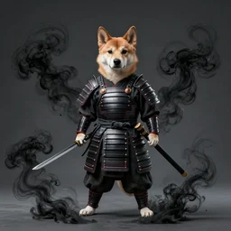 Concept art of a dog in samurai armor, surrounded by black smoke, smoky, full body wuxia, Wudang Swordmanship by Chen Uen, art by Yoji Shinkawa, 4k