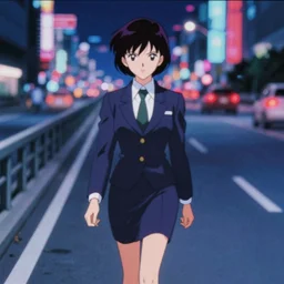 blurry and dreamy screencap of a character from 8 0 s horror anime, vampire woman with short hair wearing dress suit with tie walking down the highway, satoshi kon anime, character design by yoshitaka amano and junji ito, glitchy vhs tape, streets of night tokyo in the background, perfect blue color palette, noisy film grain effect, blurry image